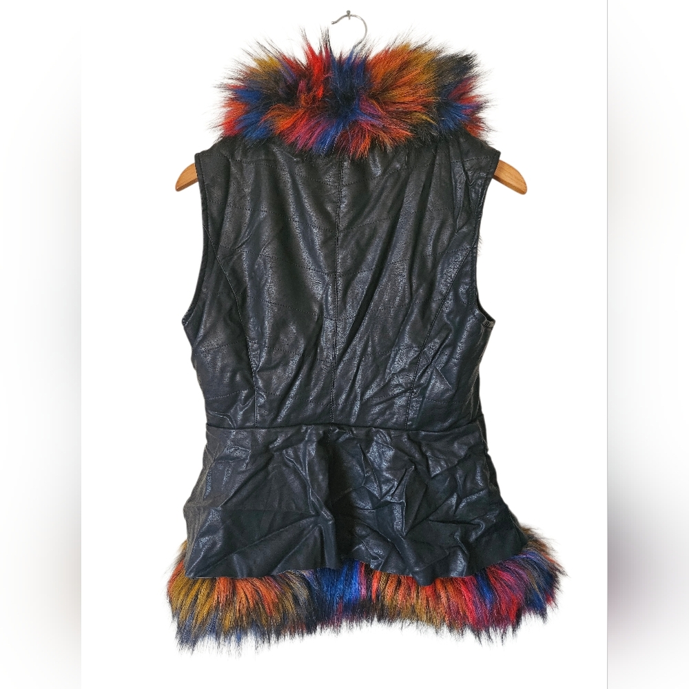 NWT LA Coalition Black Multicolor Faux Fur Faux Leather Zip Up Vest, Size L - Picture 5 of 10